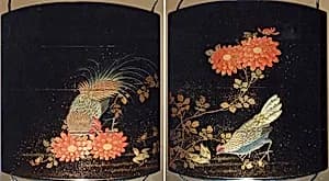 Case (Inrō) with Design of Rooster, Hen and Chicks beside Flowering Chrysanthemums by Unknown Artist
