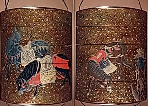 Case (Inrō) with Design of Two Saddled Horses (obverse); Saddled Mule beside Decorated Post (reverse) by Unknown Artist