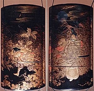 Case (Inrō) with Design of the Courtier Yasusuke Playing Flute beneath Full Moon (obverse); His Brother Kidomaru Hiding among Autumn Grasses (reverse) by Unknown Artist