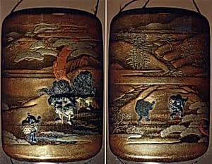 Case (Inrō) with Design of People (Benkei and Yoshitsune)Talking to Child Carrying a Large Basket (obverse); Two Running Children (reverse) by Unknown Artist