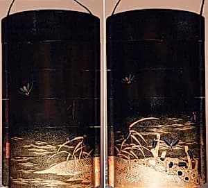 Case (Inrō) with Design of Fireflies in Flight and Climbing on Stone Baskets and Reeds at the Shore by Unknown Artist