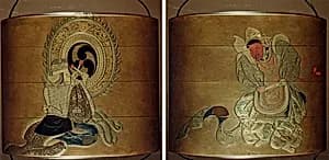 Case (Inrō) with Design of Bugaku Dancer in Red Mask (obverse); Drummer Playing Temple Drum (reverse) by Unknown Artist