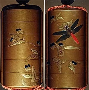 Case (Inrō) with Design of Dragonfly Seated on Leaf of Flowering Plant by Unknown Artist