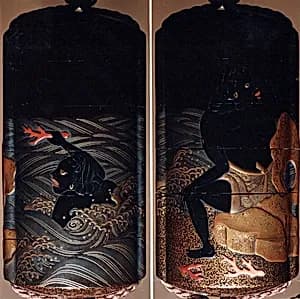 Case (Inrō) with Design of South Sea Islander Diving for Coral (obverse); South Sea Islander Seated on Rock beside Water (reverse) by Unknown Artist
