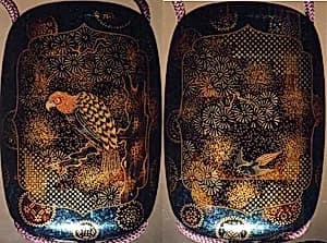 Case (Inrō) with Design of Perched Hawk in Pine Tree (obverse); Small Bird in Flight (reverse) by Unknown Artist