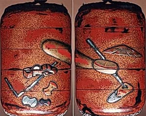 Case (Inrō) with Design of Tools of Various Trades (Carpenter, Farmer, Merchant) by Unknown Artist