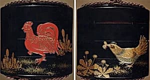 Case (Inrō) with Design of Chickens beside Spring Plants by Unknown Artist