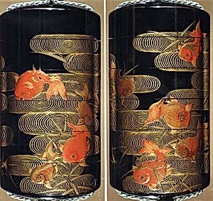 Case (Inrō) with Design of Goldfish and Reed with Wave Pattern by Unknown Artist