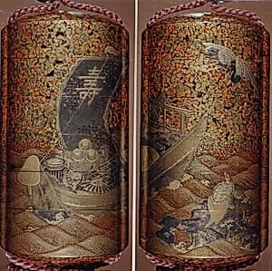 Case (Inrō) with Design of Treasure Boat on Waves (obverse); Crane in Flight and Tortoise on Rocks (reverse) by Unknown Artist