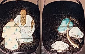 Case (Inrō) with Design of Old Man and Woman (Jo and Uba) and Pine Trees (from Noh Play "Takasago Spirits of the Pine") by Minsetsusai Kyuho