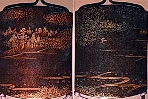 Case (Inrō) with Design of Bird in Flight above Rice Fields (obverse); Trees and Clouds (reverse) by Hogen Eisen