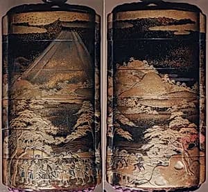 Case (Inrō) with Depiction of Daimyō Procession at the Foot of Mount Fuji by Gyokuzan