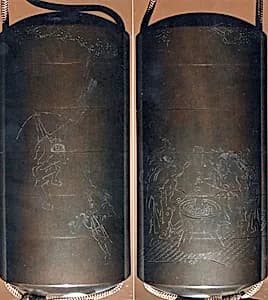 Case (Inrō) with Design of Persons with Mortar Making Mochi (obverse); Two Persons Shooting with Bow and Arrow (reverse) by Tōyō