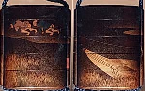 Case (Inrō) with Design of Two Men Pulling a Boat Filled with Rice Sheaves by Unknown Artist
