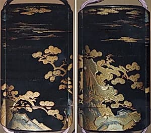 Case (Inrō) with Design of Pine Trees Growing from Rocks beneath Clouds by Unknown Artist