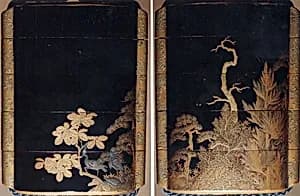Case (Inrō) with Design of Three Herons Seated in Maple Tree (obverse); Three Crows in Autumn Forest (reverse) by Unknown Artist