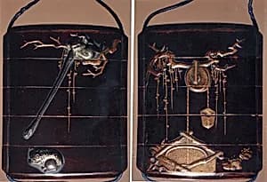 Case (Inrō) with Design of Gibbon Reaching for Frog (Symbol of Moon) (obverse); Well with Bucket (reverse) by Unknown Artist