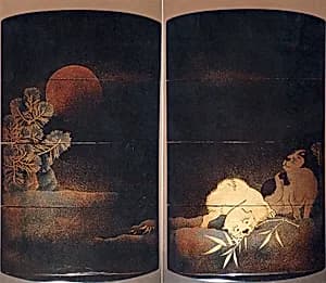 Case (Inrō) with Design of Two Puppies Playing with a Bamboo Branch (obverse); Snow, Pine and Red Sun (reverse) by Unknown Artist