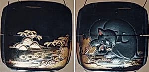 Case (Inrō) with Design of Animal Being Attacked by Crabs (obverse); Pond with Rocks and Plants (reverse) by Unknown Artist