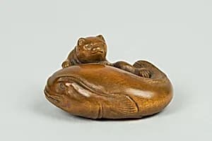 Netsuke of Carp and Cat by Unknown Artist