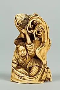 Netsuke of Group of men in the Water holding a Large Carp by Unknown Artist