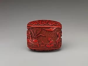 Box with figures in a landscape and peony by Unknown Artist