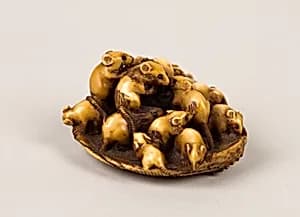 Netsuke of a Group of Rats Nestled in an Abalone Shell by Masamitsu