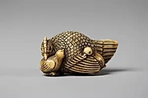 Netsuke of Hen and Two Small Chicks by Unknown Artist
