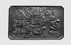 Metal plaque with Fudō Myōō and attendants Seitaka Dōji and Kongara Dōji by Myōchin Nobuie