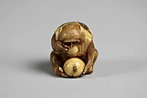 Netsuke of Monkey Looking at a Fly through a Magnifying Glass by Unknown Artist