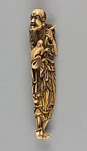 Netsuke of Man Carrying a Frog in One Hand and a Branch in the Other by Unknown Artist