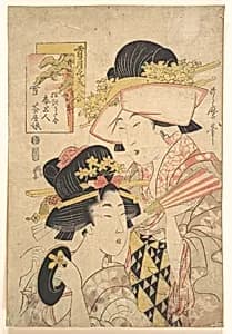 Teahouse girl and servant: Snow from the series Comparison of Snow, Moon and Flower Beauty by Kitagawa Utamaro