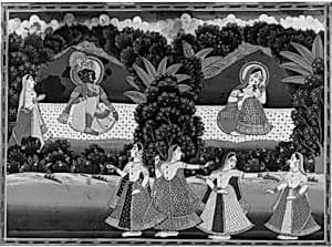 Krishna and Radha Seated on a Platform in Landscape with Dancers and Attendant by Unknown Artist