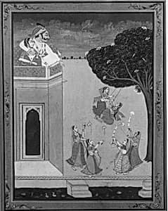 Princely Couple on Balcony Watching Maidens on Swing and Dancers by Unknown Artist