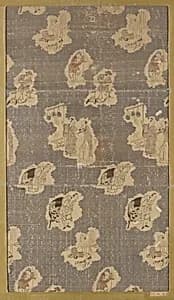 Textile fragment with repeating pattern of scattered vignettes of human figures by Unknown Artist