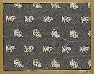 Textile fragment with repeating pattern of dogs on dotted ground by Unknown Artist
