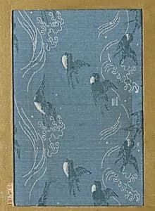 Textile fragment with repeating pattern of waves and birds in flight by Unknown Artist