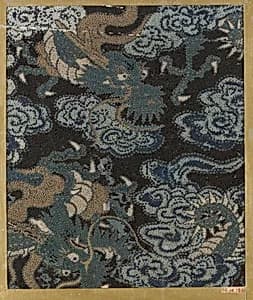 Textile fragment with pattern of three-clawed dragons in clouds by Unknown Artist