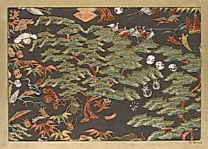 Textile fragment with pattern of pine, cranes, and auspicious symbols by Unknown Artist