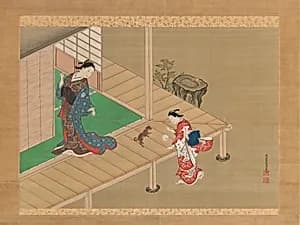 Courtesan and Attendant Playing with a Dog by Nishikawa Sukenobu
