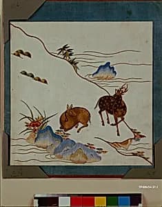 Landscape with Pair of Spotted Deer, Bamboo, Pine, Lingzhi Fungus, Iris, Water plants and Rocks by Unknown Artist