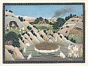 The Monkey King Vali's Funeral Pyre: Illustrated folio from a dispersed Ramayana series by Nainsukh