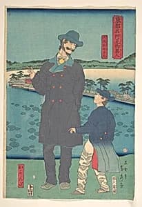 Dutchman and Child Viewing the Benten Shrine at Shinobazu Pond by Utagawa (Gountei) Sadahide
