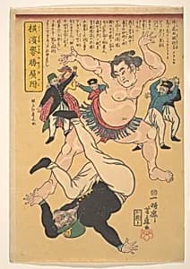 Yokohama Sumo Wrestler Defeating a Foreigner by Ippōsai Yoshifuji