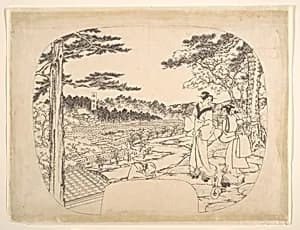 Two Women Admiring the Sights from a Vantage Point Overlooking the Zenpukuji Temple by Utagawa (Gountei) Sadahide