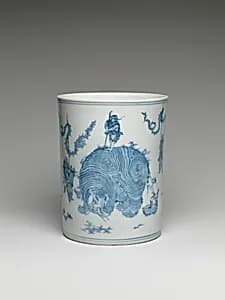 Brush Pot with Scene of Washing an Elephant by Unknown Artist