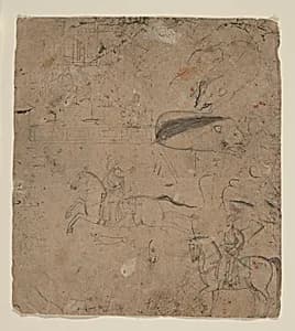 Page from a Sketchbook Showing Rulers on Horseback, Boars, and a Palace Scene by Pandit Seu|Manaku
