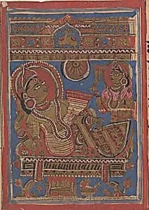 Trisala on Her Couch (left) / The Goddess Sri, One of the Fourteen Lucky Dreams (right); Page from a Dispersed Kalpa Sutra (Jain Book of Rituals) by Unknown Artist