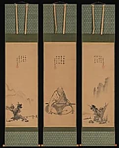 Zen Master with Meditation Staff, and Chinese-Style Landscapes by Unkoku Tōeki|Ten'yū Jōkō