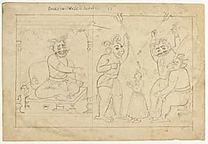 Hiranyakashipu commands his demon warriors to threaten and injure Prahlada. Preparatory drawing from the ‘Small Bhagavata Purana’ Series by Manaku